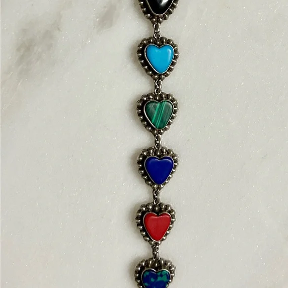 Vintage ~ Multi-Colors Gemstones Heart Shaped ~ .925 Sterling Silver Bracelet - Picture 6 of 15